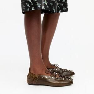 Ganni Oleatex Lace-Up Ballerinas Flats Square Toe Coquette Dark Olive Size 7